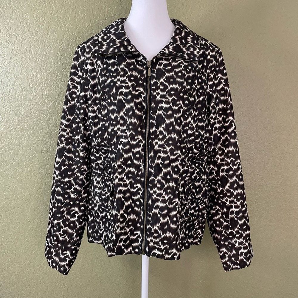 Laura Ashley Women’s Large Black Brown White Animal Print Full Zip Jacket